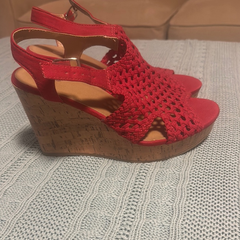 SO Red Woven Cork Wedges